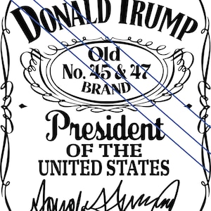 以下が含まれることがあります： 上部に「DONALD TRUMP」、下部に「President OF THE UNITED STATES」と書かれた白黒のグラフィックデザイン。 ドナルド・トランプのサインと装飾的なボーダーが含まれています。