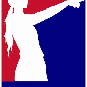 May include: A rectangular graphic design featuring a white silhouette of a person with a ponytail pointing to the right. The background is split vertically with red on the left and blue on the right. The white text FAFO is centered at the bottom.