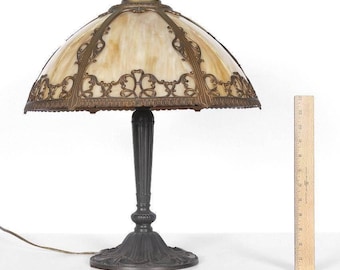 Pittsburgh 6 Bent Panel Slag Glass Leaded Table Lamp