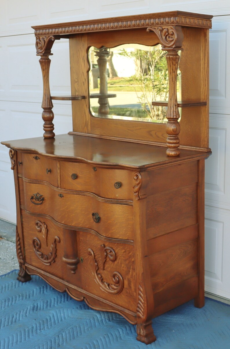 Antique Solid 2 Piece Tiger Oak Server Buffet Sideboard With a Mirror