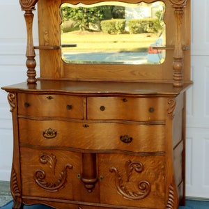 Antique Solid 2 piece Tiger Oak Server Buffet Sideboard With a mirror