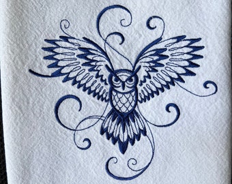 Inky Blue Owl in Flight Tea Towel