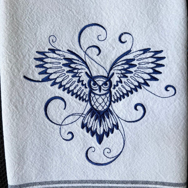 Inky Blue Owl in Flight Tea Towel