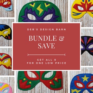 May include: Nine colorful felt superhero masks with different designs, including lightning bolts, stars, and geometric patterns. The masks are arranged in a collage with a red banner that reads "DEB'S DESIGN BARN BUNDLE & SAVE GET ALL 9 FOR ONE LOW PRICE".