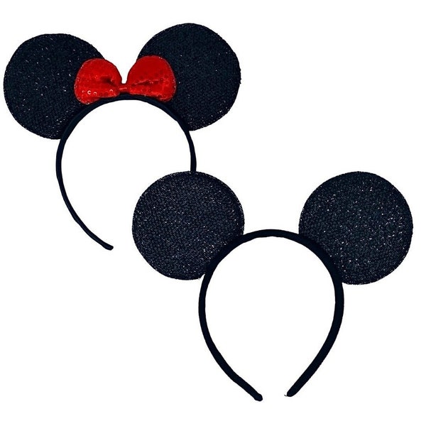 Minnie Mouse Ear Headband, Mickey Ears Headband, Mouse Ear Headband, Shiny Black with Red Bow Mouse Ear, Wholesale