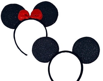 Minnie Mouse Ear Headband, Mickey Ears Headband, Mouse Ear Headband, Shiny Black with Red Bow Mouse Ear, Vente en gros