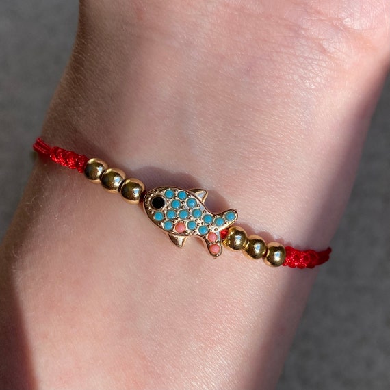 Gold Fish Red Bracelet, Cute Fish Cord Bracelet, Gift for Her, Gift for Him  