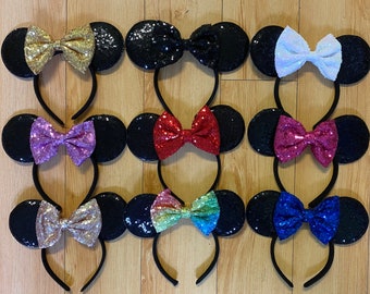 Black Shiny Sequin Minnie Mouse Ear Headband with Bow, Mickey Ears Headband, Birthday Party Favor, Wholesale