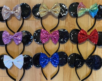 Sequin Reversible Black Minnie Mouse Ear Headband with Bow, Mickey Ears Headband, Wholesale