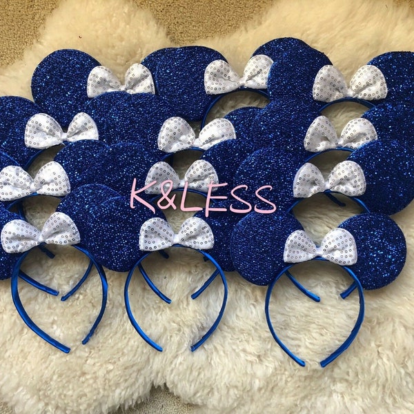 Minnie Mouse Ear Headband, Mickey Ears Headband, Shiny Blue With White Bow Mouse Ear Headband, Wholesale