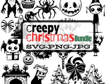 May include: A set of 16 black and white digital illustrations featuring a creepy Christmas theme. The illustrations include a ghost, a spider, a Christmas tree, a stocking, a candy cane, a fireplace, a skull, a present, a gingerbread man, a snowman, a Santa Claus, and more.