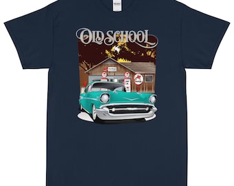 Camiseta estampada de la vieja escuela Chevy Bel Air color turquesa tropical de 1957