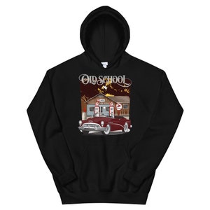 May include: Black hooded sweatshirt with a vintage car illustration and the text "Old School" printed on the front.