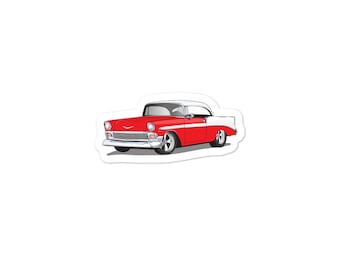 May include: An illustration of a classic red and white 1957 Chevrolet Bel Air car.