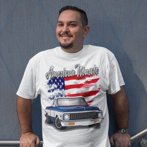 1971 Dark Blue & White Chevrolet C10 Pickup Truck American Muscle Printed T-Shirt Shirt