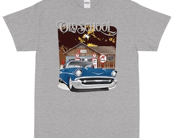 Camiseta estampada de la vieja escuela Chevy Bel Air azul Harbor de 1957