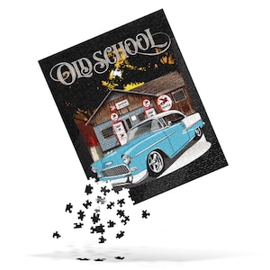 1955 Skyline Blue Chevy Bel Air with Old School Vintage Gas Station Jigsaw puzzle