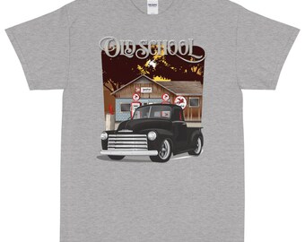 Camiseta estampada antiga escola caminhão Chevy preto 1950