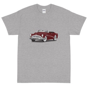 May include: A gray t-shirt with a red vintage convertible car printed on the front.