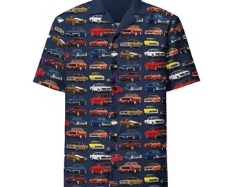 Camisa con el logo de Ultimate Muscle Car Extravaganza de los años 60: camisa con botones para Chevy, Ford, Dodge Nova, Camaro, Corvette, Charger y Challenger