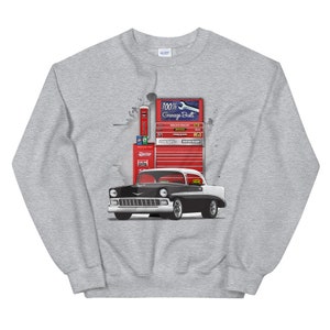 1956 Onyx Schwarz Weiß Chevy Bel Air Garage Gebaut Bedrucktes Sweatshirt