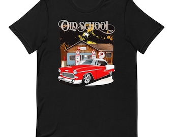 Red and White 1955 Chevrolet Bel Air T-Shirt with Vintage Gas Station Scene – Classic Old School Design