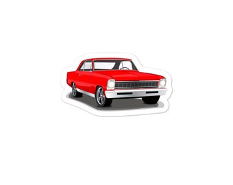 May include: A red classic car with a white interior. The car has a black grille and black wheels.