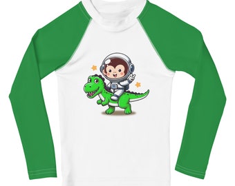 Rash Guard Infantil com FPS 50+ - Design de Macaco Astronauta Montando um Dinossauro - Camiseta de Natação com Proteção UV para Meninos e Meninas