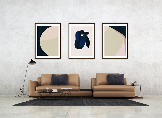 Dark Blue Beige Decor Abstract Luxury Decor Monochrome Art Minimalist Human Body Contemporary Silhouette Minimalist Interior Set Of 3