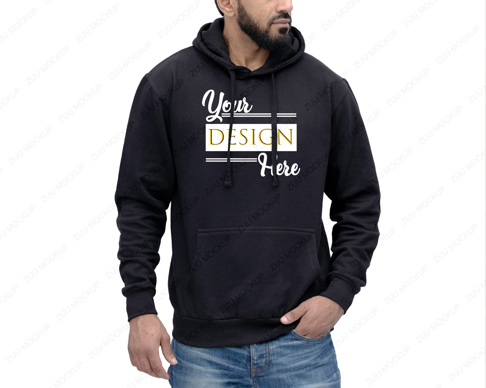 Black Hoodie with Pull Strings Mockup Male Model Digital