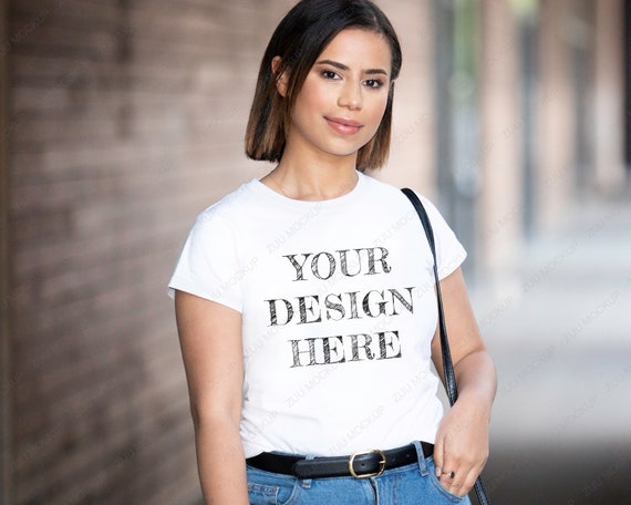 White T shirt Mockup Gildan 64000 Female Model | Woman Shirt Mock up Blank Image Digital File Instant Download Shirt Illustration Template
