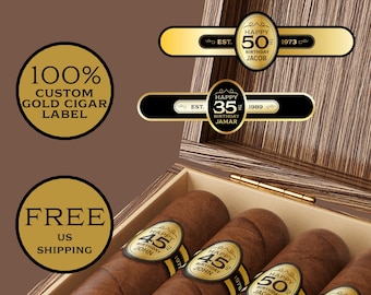 Birthday Cigar Label. Custom Milestone Cigar Band. Birthday Favors. Mirror Gold Finish.