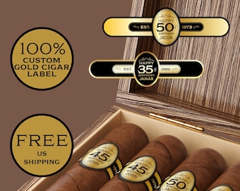 Birthday Cigar Label. Custom Milestone Cigar Band. Birthday Favors. Mirror Gold Finish.