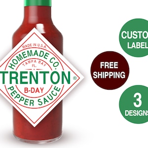 Etiqueta personalizada para salsa picante. Personaliza el texto y los personajes.