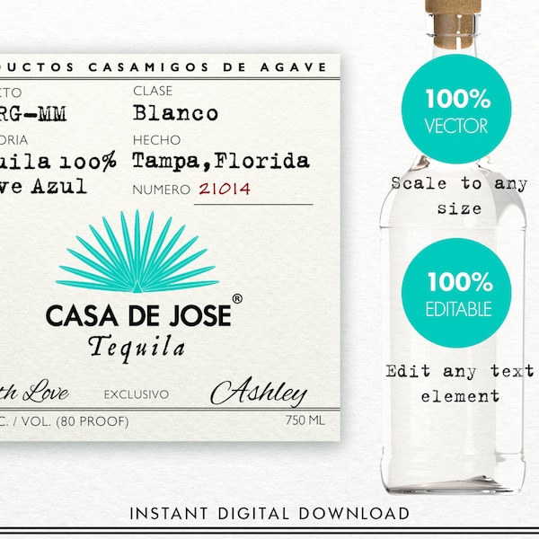 Casamigos Tequila Label for Customization. Printable and Editable Casamigos Blanco Label. Personalize in Minutes. Tequila Bottle Label.