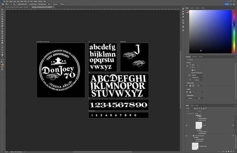 Don Julio 70th Anniversary label template in Photoshop. White Letter version for dark background.