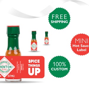 Custom Mini Hot Sauce Labels. Personalize label text. Free proof and free shipping.