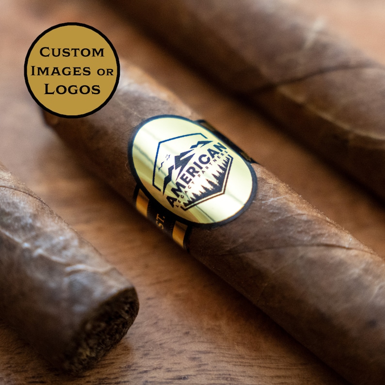 Custom gold cigar label with logo.