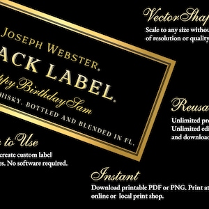 Johnnie Walker Etikett, schwarzes Etikett, Anpassen und Personalisieren, Johnnie Walker Geburtstagsgeschenk, druckbares realistisches Liköretikett.
