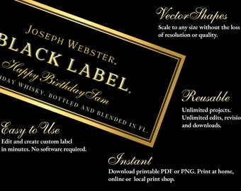 Johnnie Walker Label, Black Label, Customize and Personalize, Johnnie Walker Birthday Gift, Printable Realistic Liquor Label.