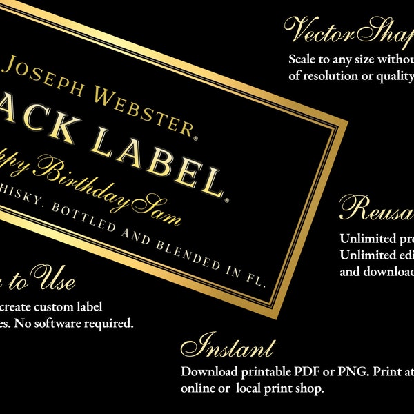 Johnnie Walker Label, Black Label, Customize and Personalize, Johnnie Walker Birthday Gift, Printable Realistic Liquor Label.
