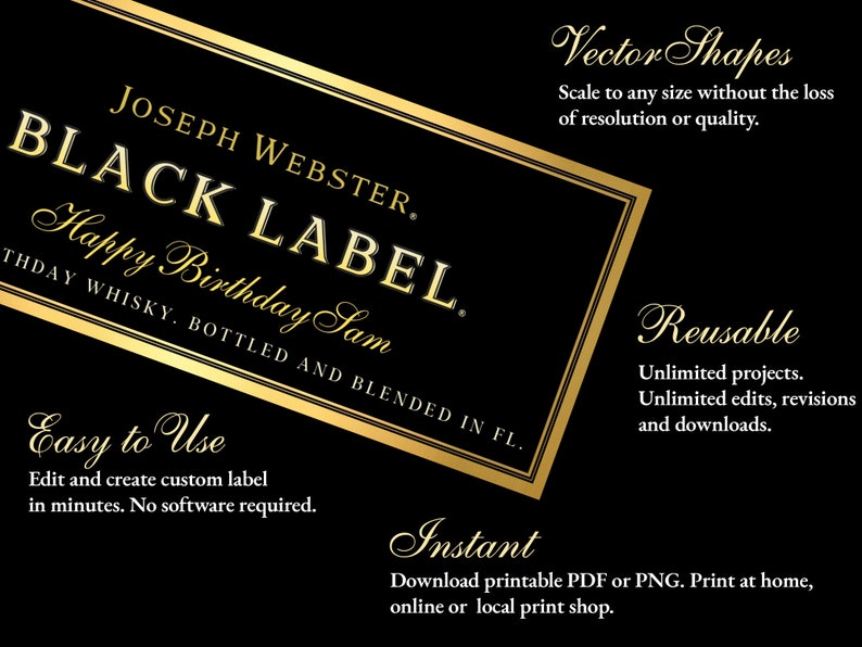 May include: A black and gold printable label with the text "Joseph Webster. Black Label. Happy Birthday Sam. THDAY WHISKY. BOTTLED AND BLENDED IN FL."  The label is designed to look like a whiskey label.