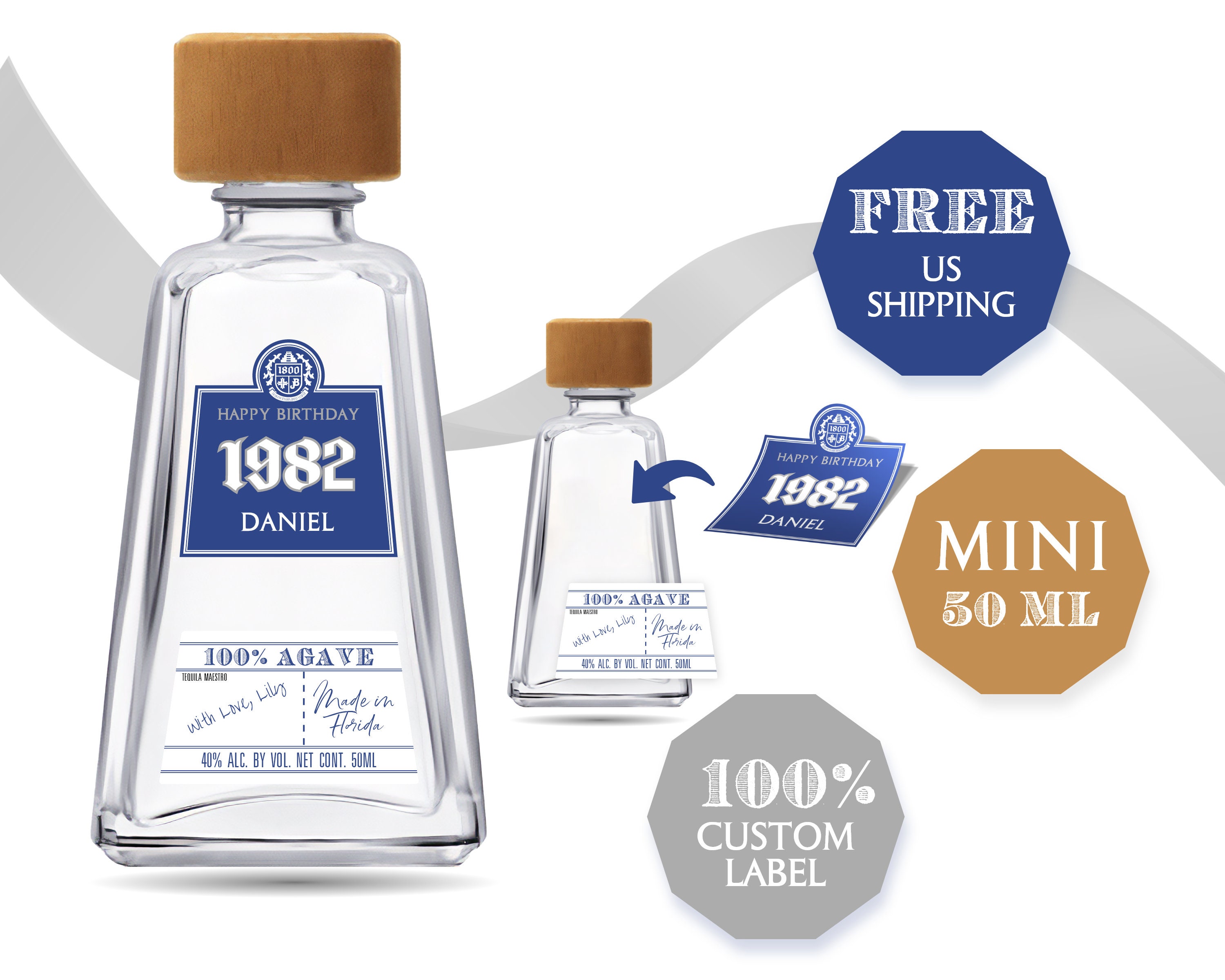 Custom 1800 Tequila Mini Label. 50ml Label for Personalization. Free Proof and Free US Shipping.