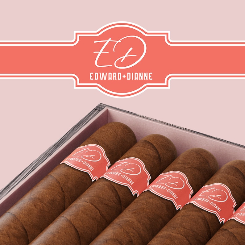 May include: A wooden box filled with brown cigars, each with a pink label that reads "ED Edward + Dianne".