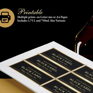 May include: Printable labels for a black label whiskey bottle. The labels are gold and black with the text "Joseph Webster, Black Label, Custom Birthday Whiskey Bottled and Blended in IL".