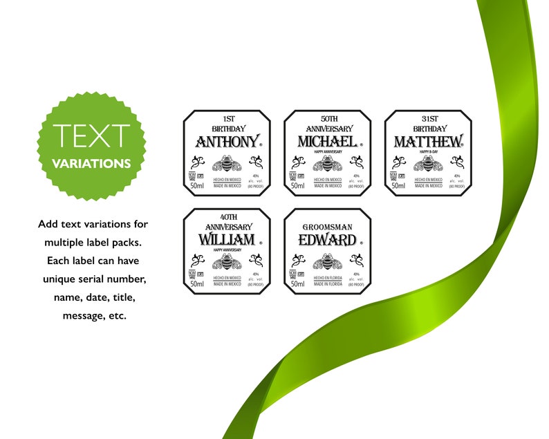 May include: Five black and white square labels with a bee design. The labels have text that reads "1st Birthday Anthony", "50th Anniversary Michael", "31st Birthday Matthew", "40th Anniversary William", and "Groomsmans Edward".