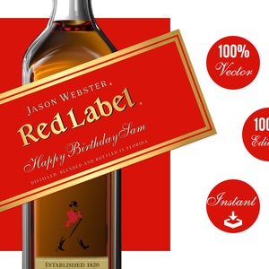 Johnnie Walker Red Label. Customize and Personalize Label. Johnnie Walker Gift. Printable Realistic Whisky Label.