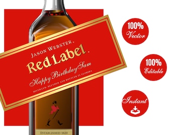 Johnnie Walker Red Label. Customize and Personalize Label. Johnnie Walker Gift. Printable Realistic Whisky Label.