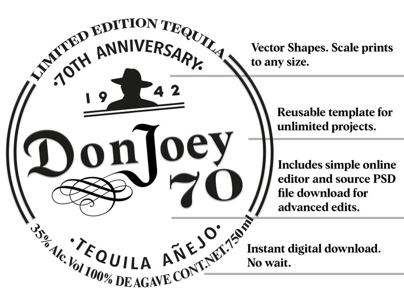 Don Julio Label. 70th Anniversary. Custom Template.