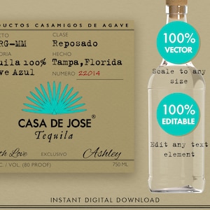 Casamigos Tequila Label zur Individualisierung. Druckbares und bearbeitbares Casamigos Reposado Label. Personalisieren Sie in Minuten. Tequila Flaschen Etikett.